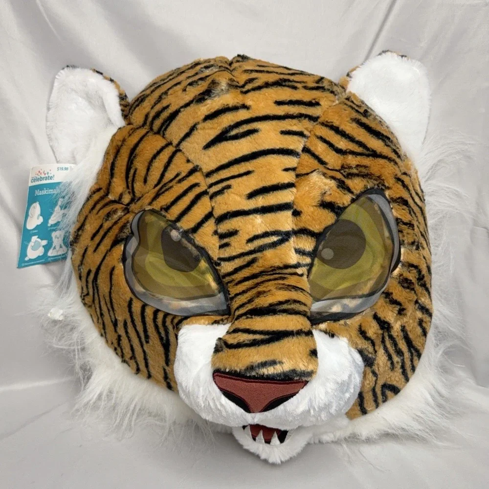 Maskimals Tiger Mask Costume Mens Orange Big Head Adult Plush Face Mask New